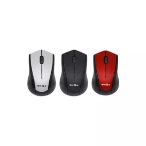 Tres mouses inalámbricos Weibo modelo WB-2820 en vista frontal superior. Se observan variantes en colores blanco, negro y rojo con botones laterales y scroll central.