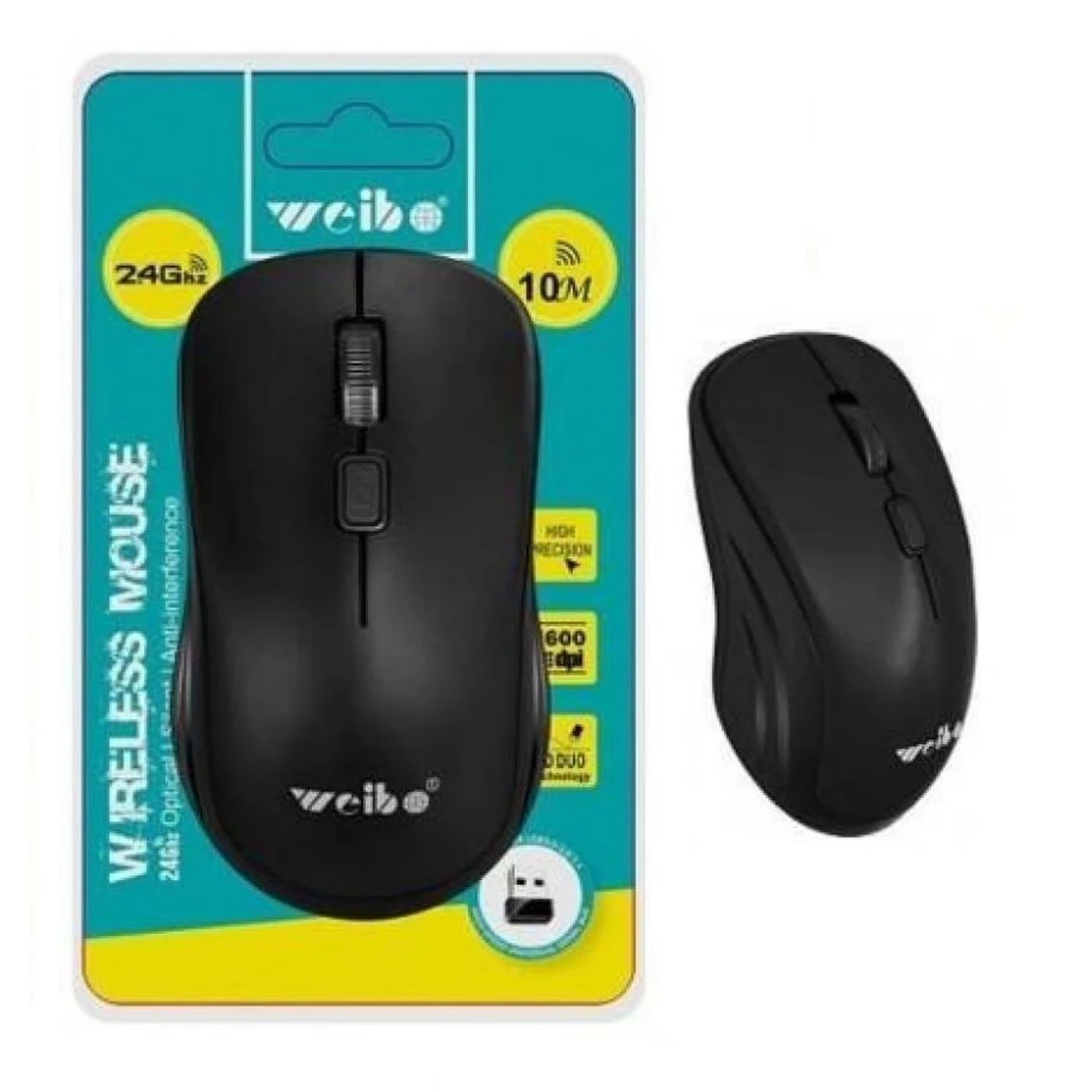 Mouse inalámbrico Weibo color negro en su empaque de cartón azul y amarillo. Se observa el frente del dispositivo con el logo y la rueda de desplazamiento, acompañado de una vista lateral del mismo modelo.