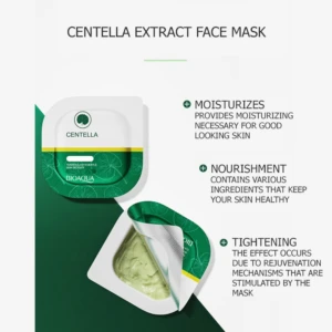 Mascarilla facial Bioaqua Centella Extracto, verde, humectante y nutritiva, en empaque abierto mostrando contenido cremoso.