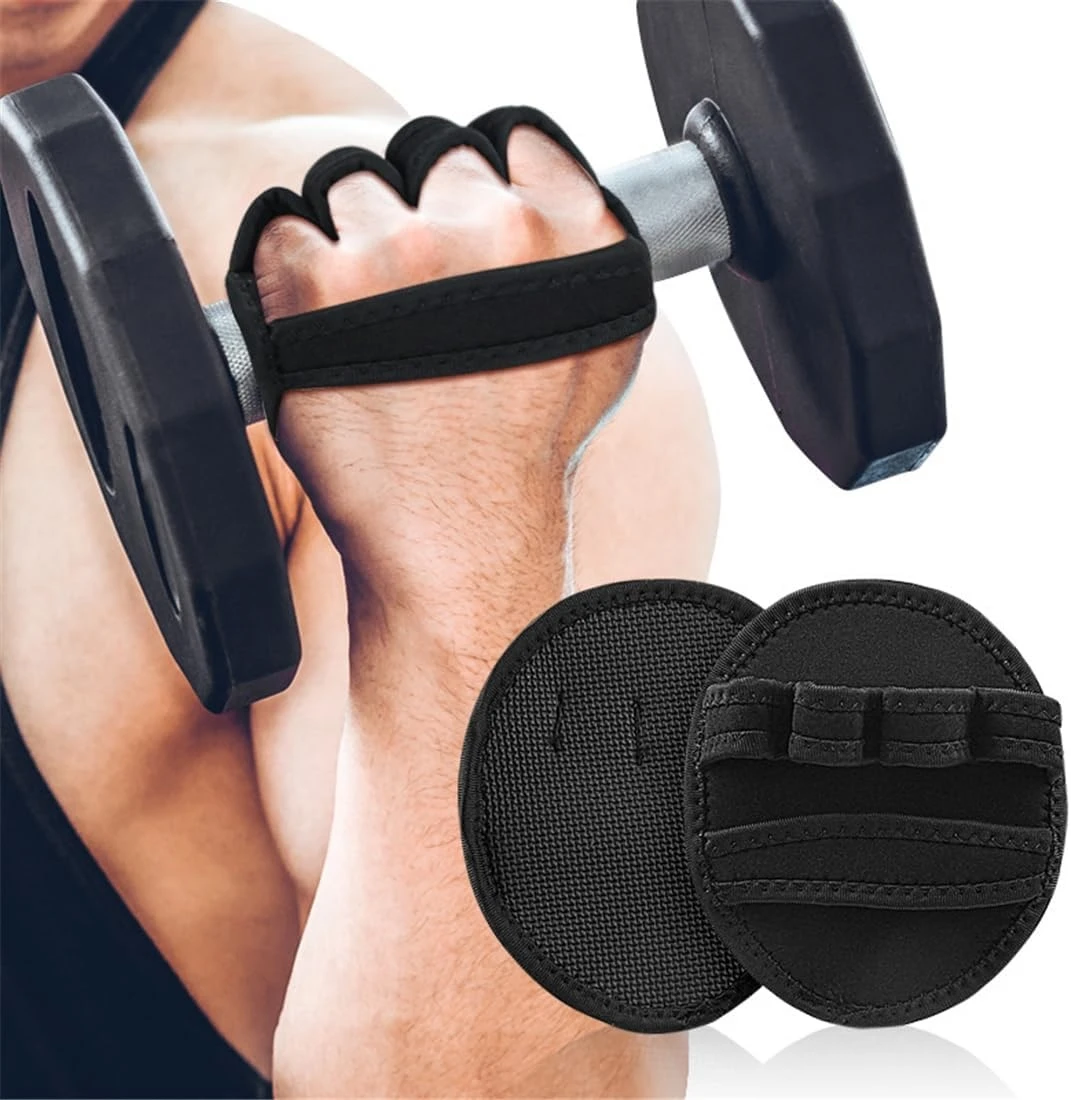 Agarres de mano negros para entrenamiento, protegen palma y dedos al levantar pesas.