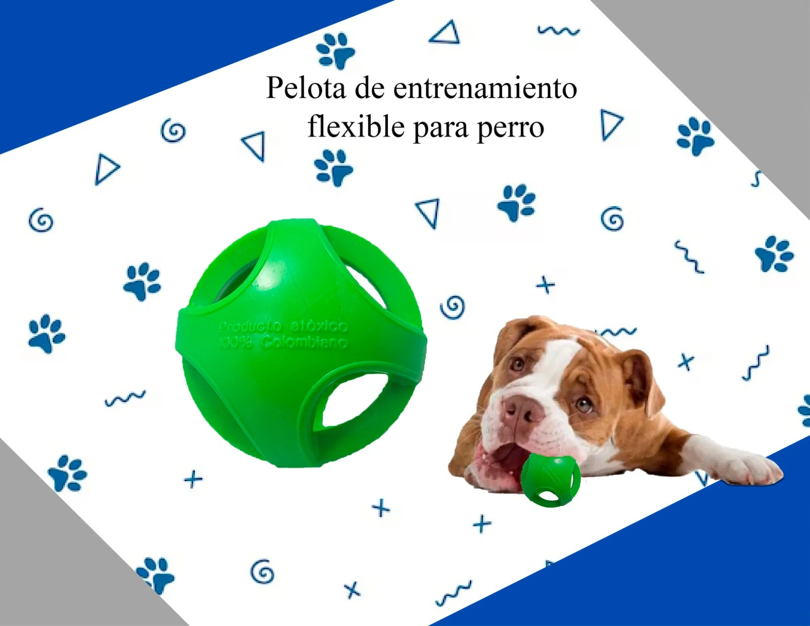 Pelota de entrenamiento flexible verde para perro, atóxica y colombiana, con perro masticando una pelota pequeña.