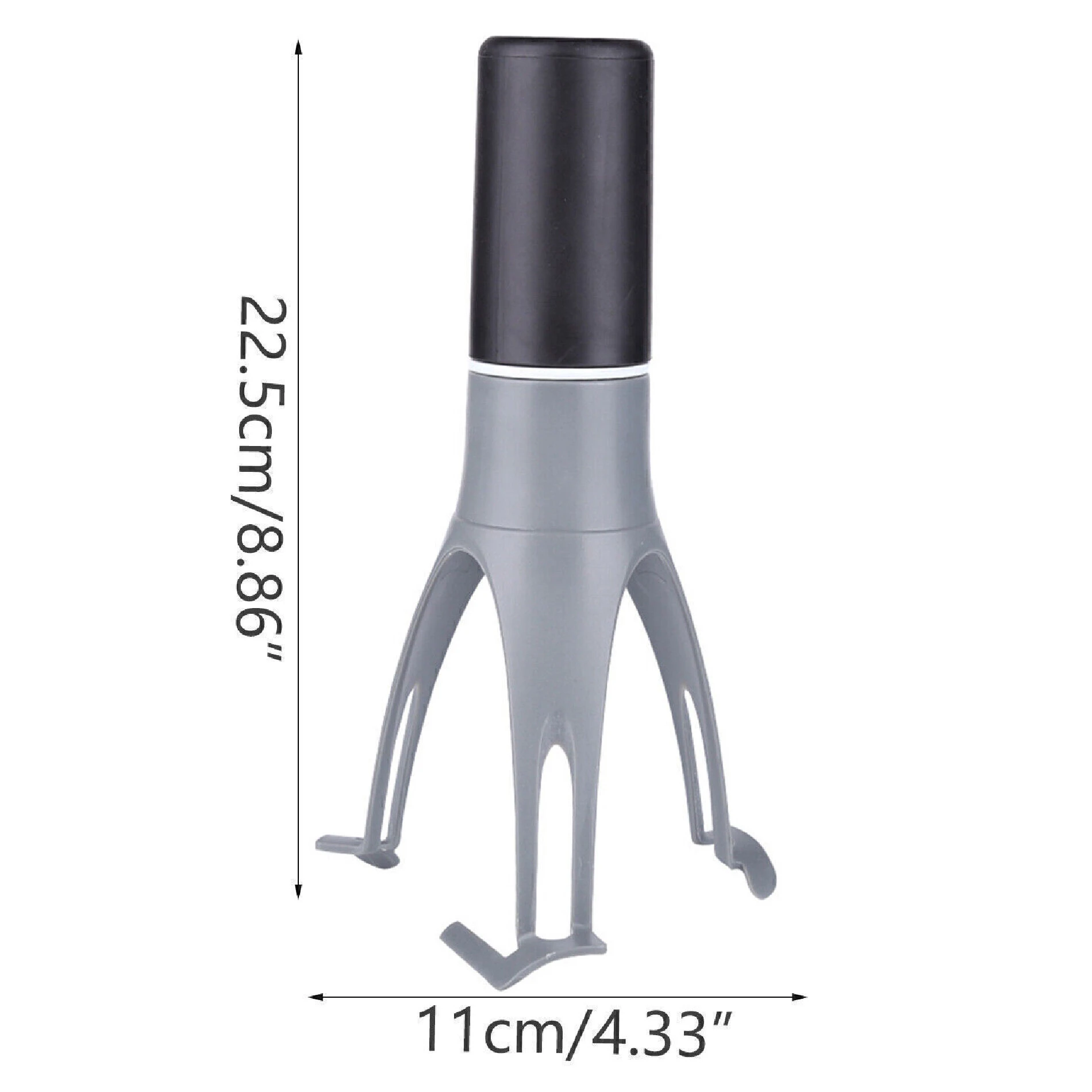 Mezclador eléctrico sin manos en color gris y negro, con patas estilizadas para estabilidad, mide 22,5 cm de alto y 11 cm de ancho, ideal para preparar salsas y sopas.