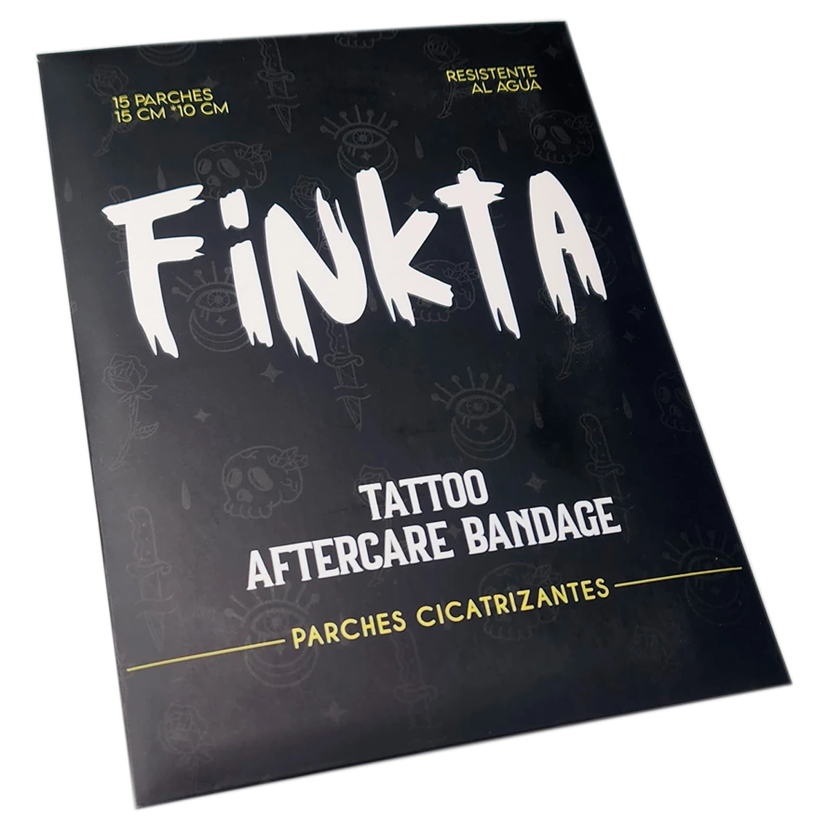 Paquete negro de 15 parches cicatrizantes para tatuajes de la marca Finkta. Muestra medidas de 15 cm x 10 cm y resalta que son resistentes al agua. Diseño con tipografía blanca sobre fondo oscuro.