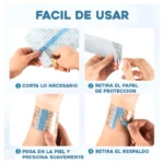 Guía de uso de parches cicatrizantes para tatuajes. Cuatro pasos: cortar el parche, retirar el papel protector, aplicar en el antebrazo y retirar el respaldo. Título FACIL DE USAR.