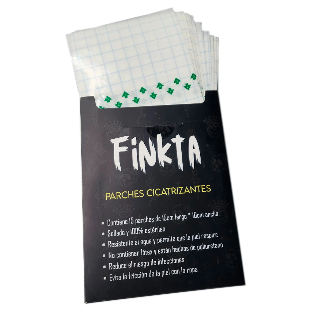 Paquete negro de parches cicatrizantes Finkta. Se observan parches cuadrados blancos con cuadrícula azul y borde verde adhesivo. Contiene 15 parches de 15cm por 10cm y es resistente al agua.