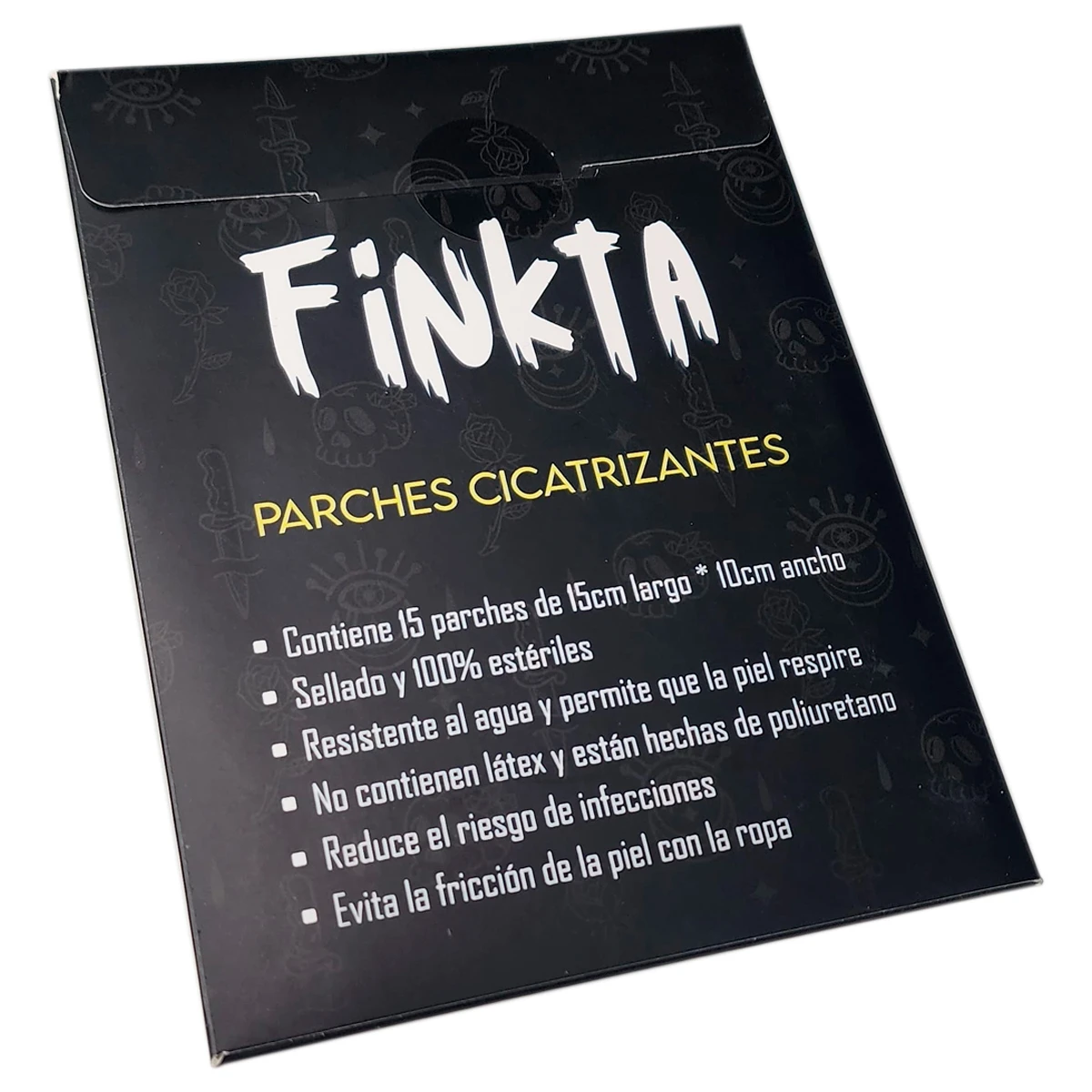 Caja de parches cicatrizantes Finkta de 15 unidades de 15cm x 10cm. Envase negro con texto blanco y amarillo. Parches estériles, resistentes al agua y sin látex.
