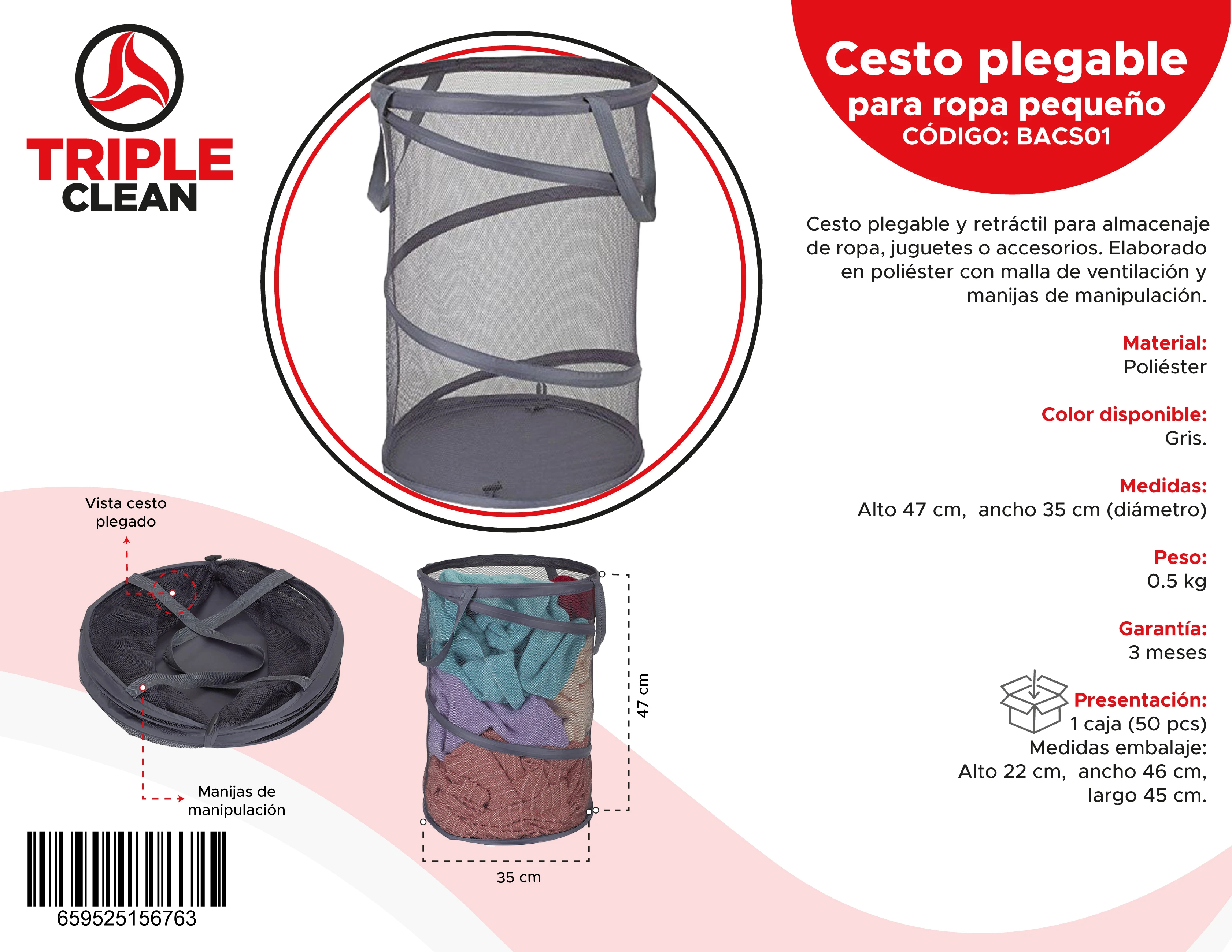 Cesto plegable gris de poliéster con malla de ventilación, 47 cm alto x 35 cm diámetro, ideal para ropa y juguetes.