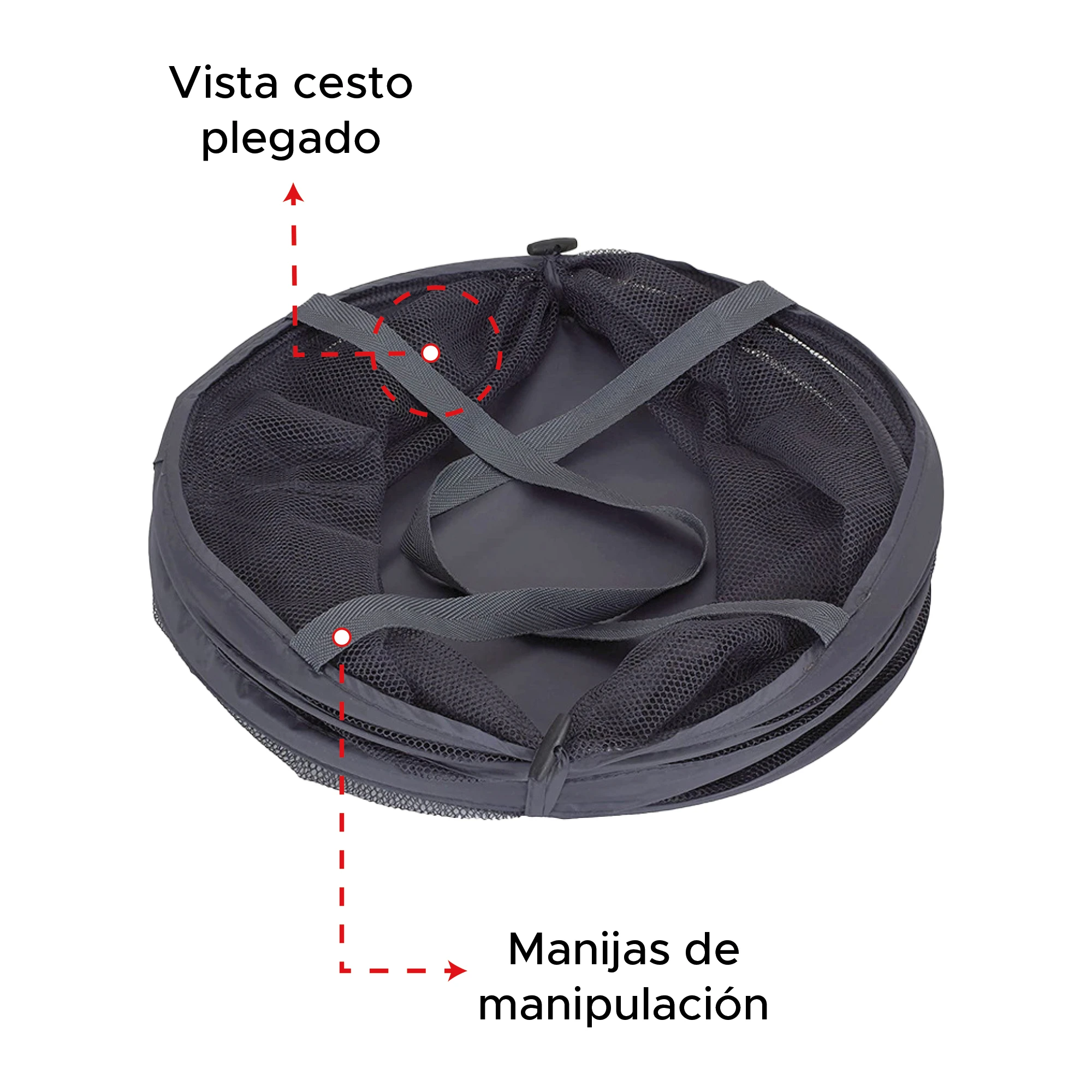 Cesto plegable gris oscuro con malla de ventilación, asas de manipulación y cierre superior.