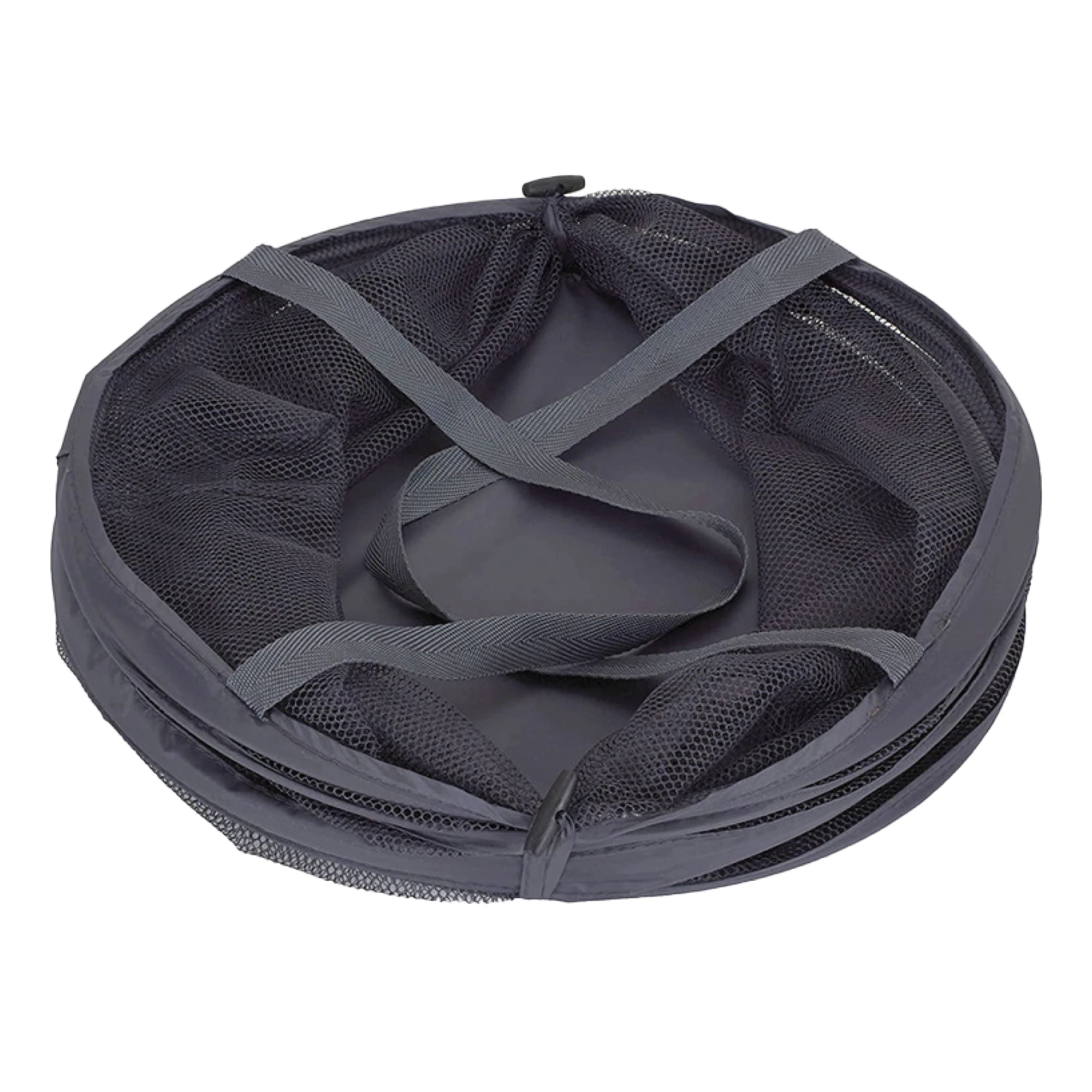 Cesto plegable gris de malla con asas, ideal para organizar y ventilar.