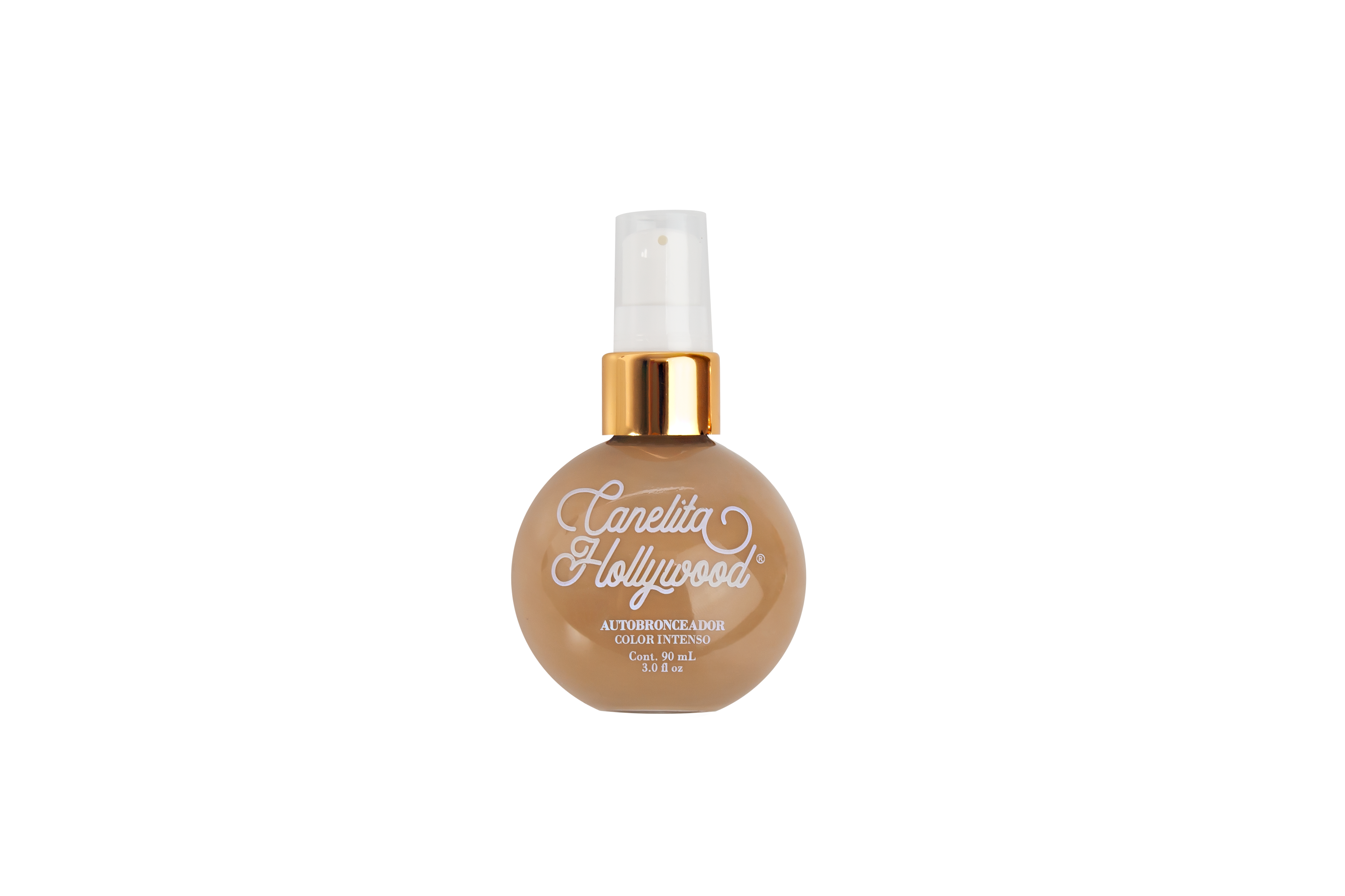 Autobronceador Canela Hollywood en envase redondo dorado, 90 ml.