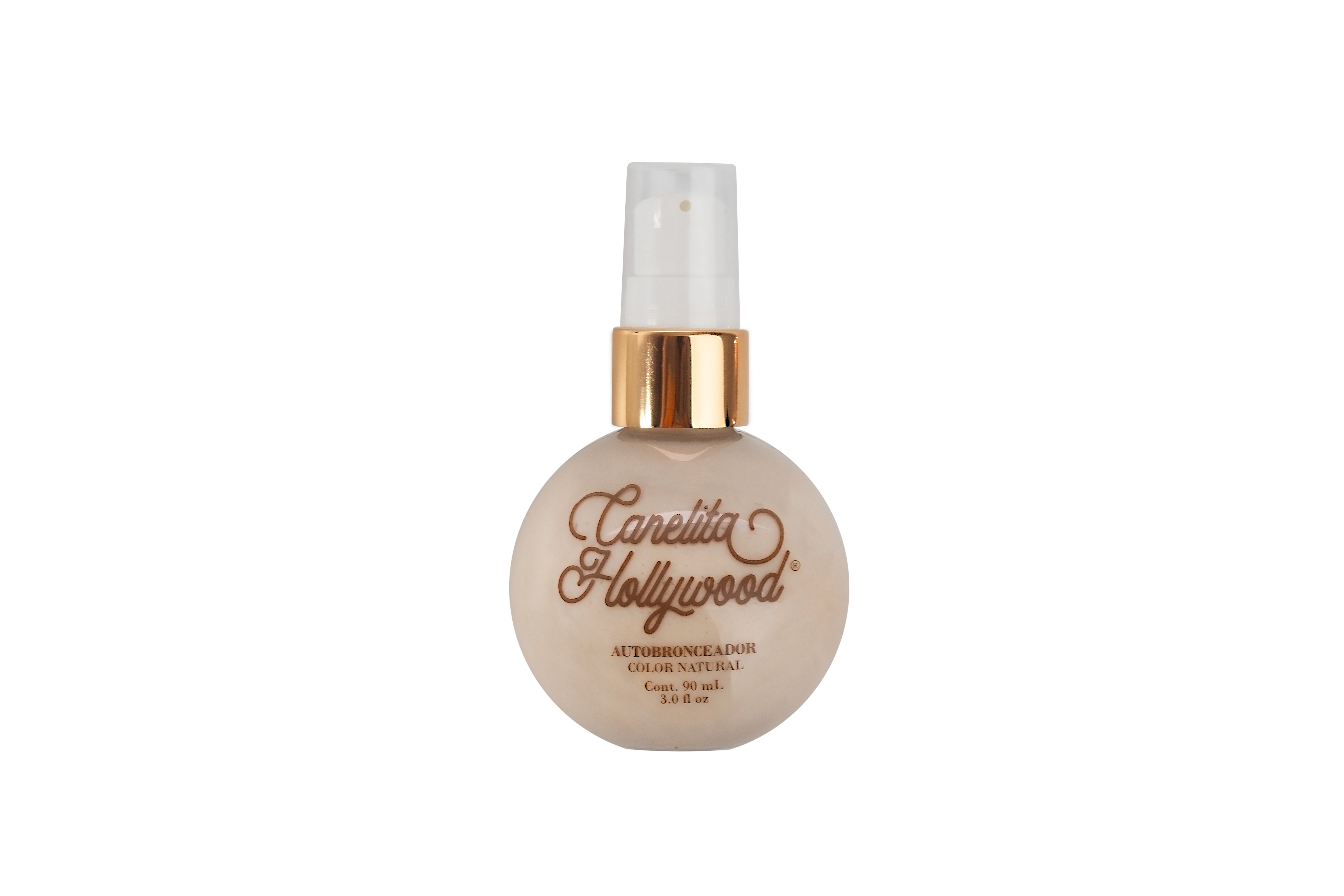 Autobronceador Canela Hollywood color natural en envase redondo con dispensador dorado, 90 ml.