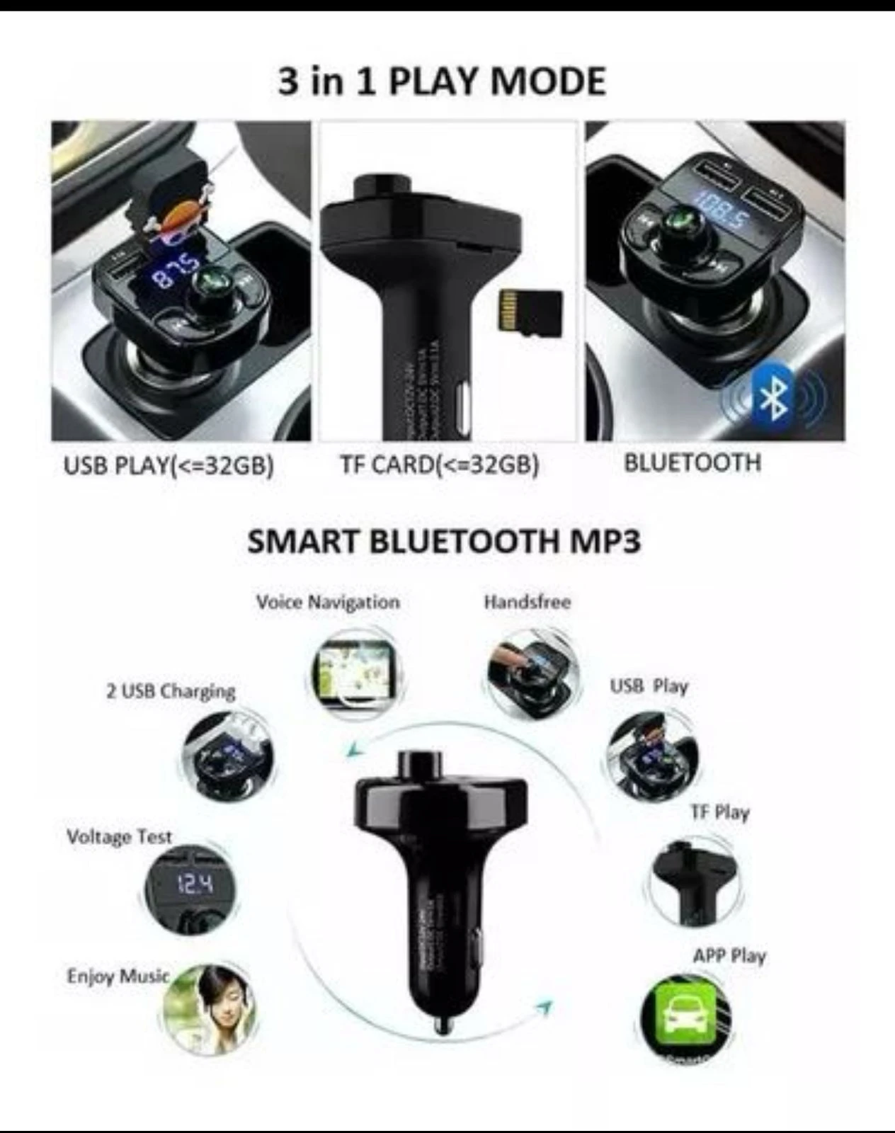 Convertidor Bluetooth para coche, reproduce música y carga dispositivos vía USB, TF y Bluetooth.