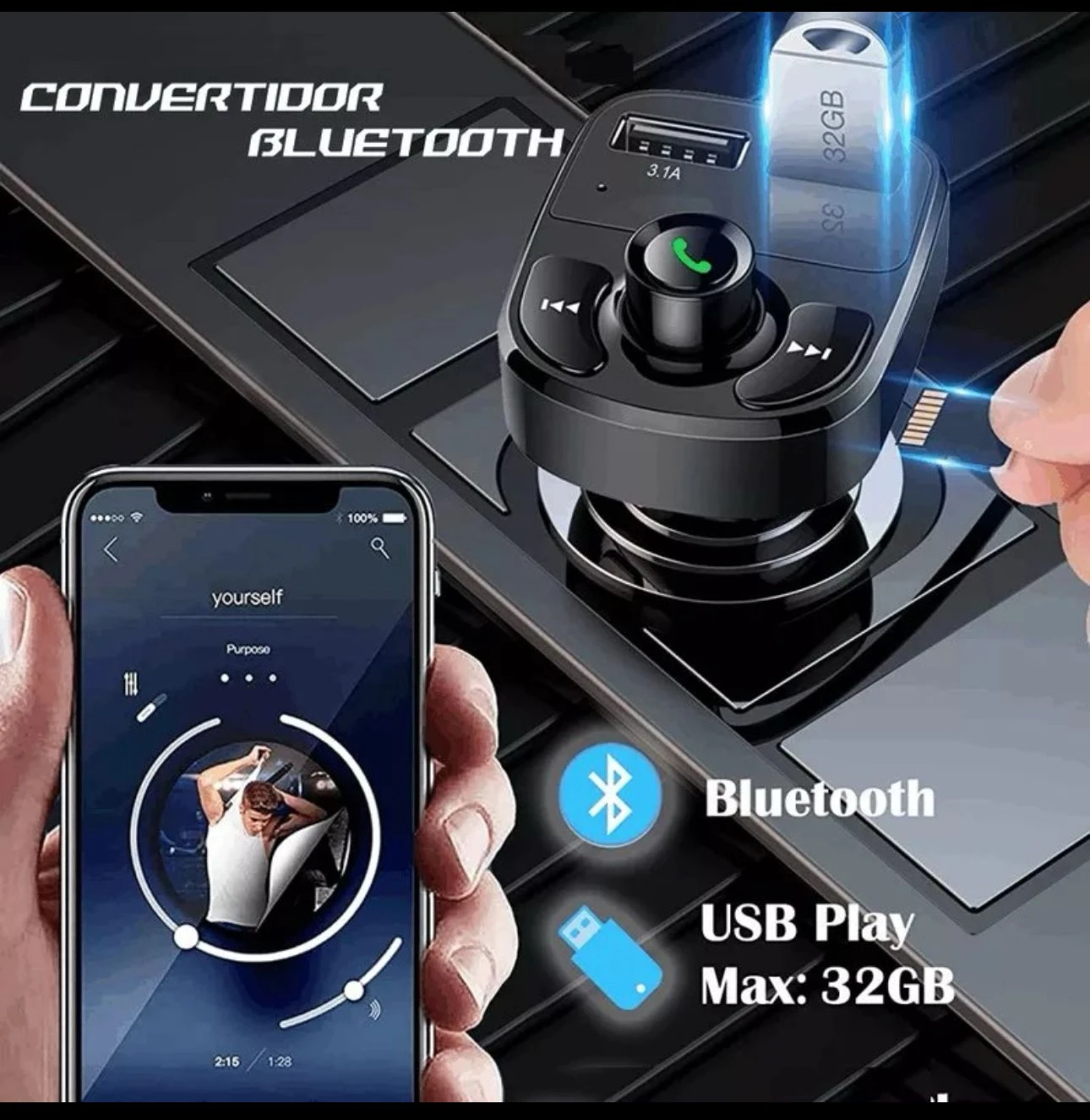 Convertidor Bluetooth para coche, manos libres y reproductor USB hasta 32GB, con pantalla de móvil mostrando música.