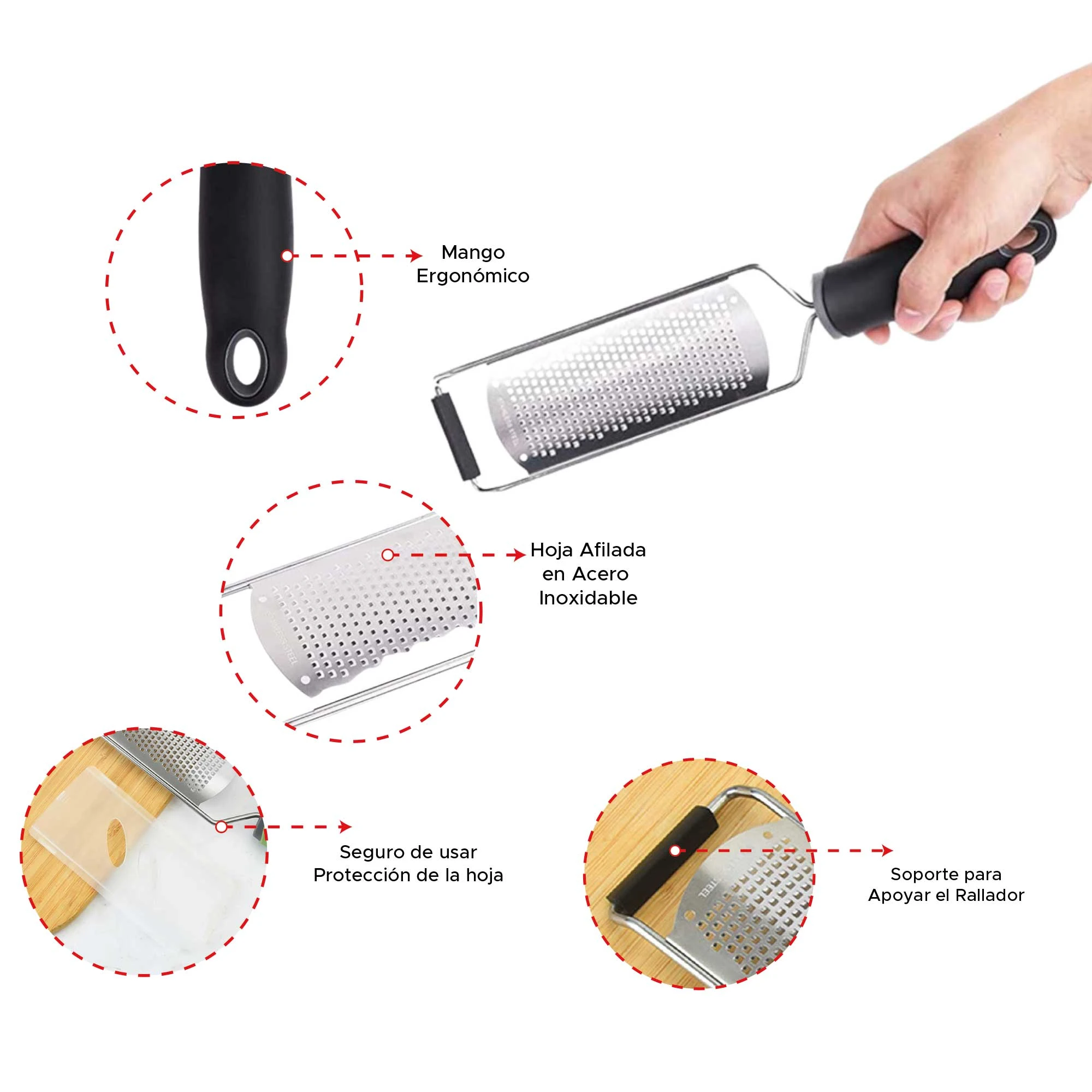 Rallador de acero inoxidable con mango ergonómico negro, hoja afilada y soporte para apoyar. Incluye protector de hoja.