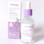 Serum BIOAQUA Perilla Polypeptidos anti-edad, frasco vidrio esmerilado 30ml con caja morada y planta.
