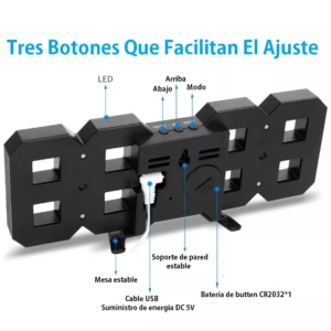Reloj despertador LED negro visto por la parte trasera, con números 88, botones de ajuste, cable USB, soporte de pared y base estable. Incluye batería CR2032.
