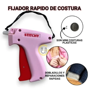 Pistola de costura rápida Stitchy en color rosa con mango rojo, diseñada para reparaciones textiles sin aguja ni hilo.