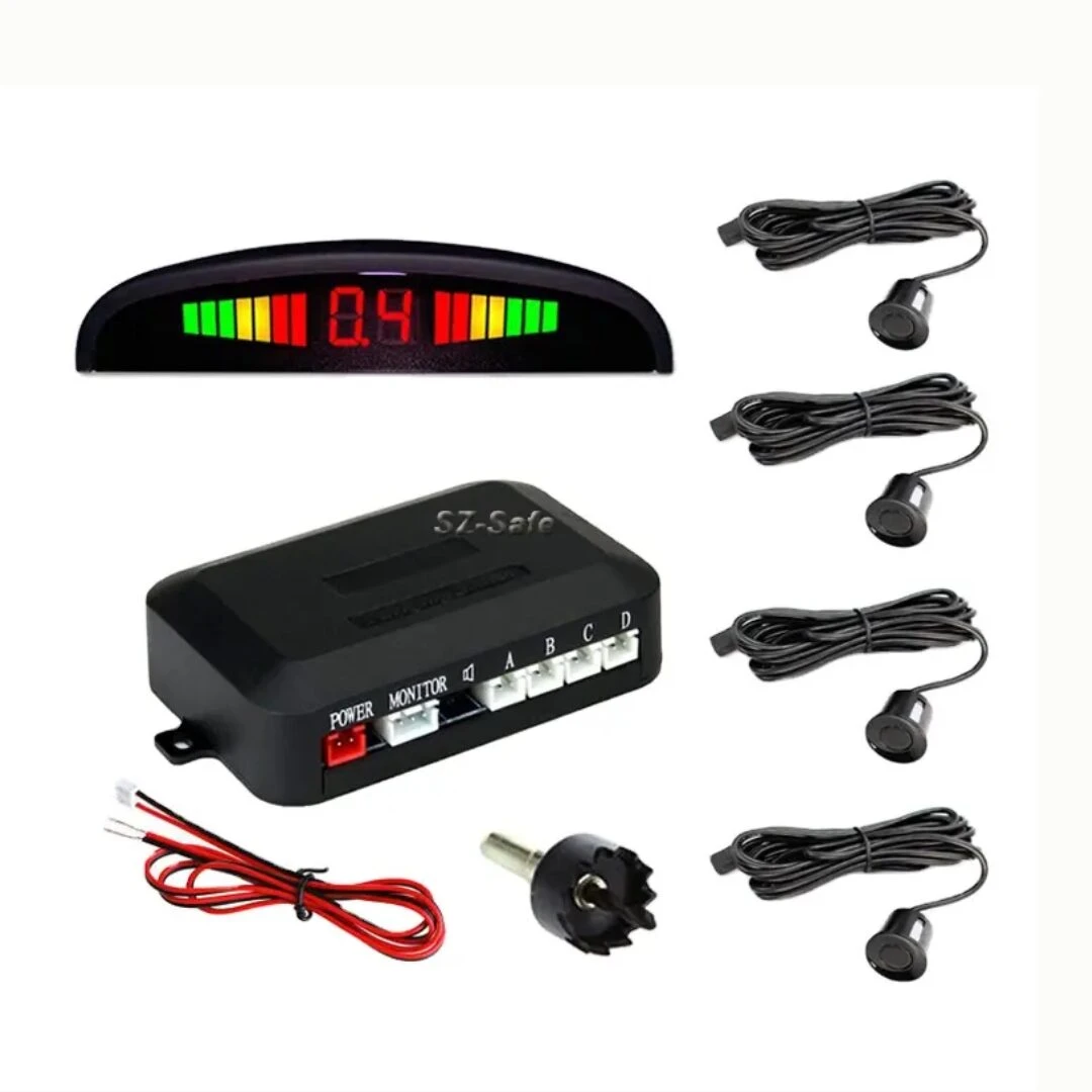 Kit sensor de reversa SZ-Safe con pantalla LED, centralita, 4 sensores negros, broca y cables.