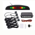 Kit sensor de reversa con pantalla LED digital, 4 sensores negros, caja de control y cables para estacionar vehículos.