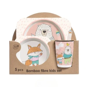 Set vajilla bambú 5 piezas para niños con diseño de oso y zorro, libre de BPA.