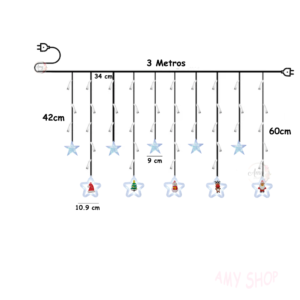 Cortina de luces LED de 3 metros con dos niveles. Nivel superior de estrellas azules y nivel inferior con estrellas con figuras navideñas. Cadenas de 42cm y 60cm.