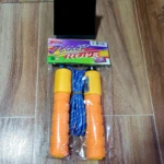 Lazo contador con mangos naranjas y amarillos, cuerda azul trenzada, empaque plástico transparente.