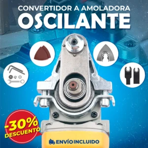 Convertidor oscilante metálico para amoladora angular, con accesorios incluidos: disco de corte, punta de desoxidación y brocas. Incluye descuento del 30% y envío gratis.