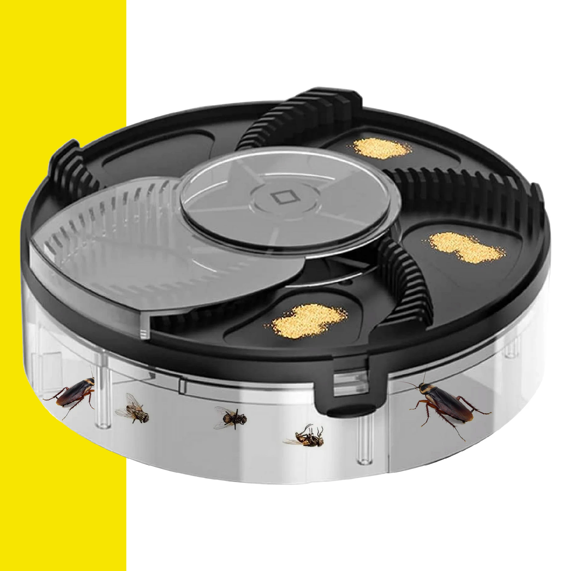 Trampa eléctrica giratoria para moscas y cucarachas con cebo, diseño circular negro y transparente, ideal para hogares.