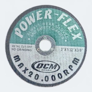 Disco de corte de 3 pulgadas para amoladora de batería, marca OCM Power-Flex, color verde y gris, con medidas 3"x1/32"x3/8" y máxima velocidad de 20.000 rpm.