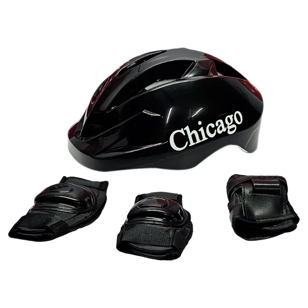 Casco negro brillante "Chicago" para patinaje infantil con rodilleras y coderas ajustables.
