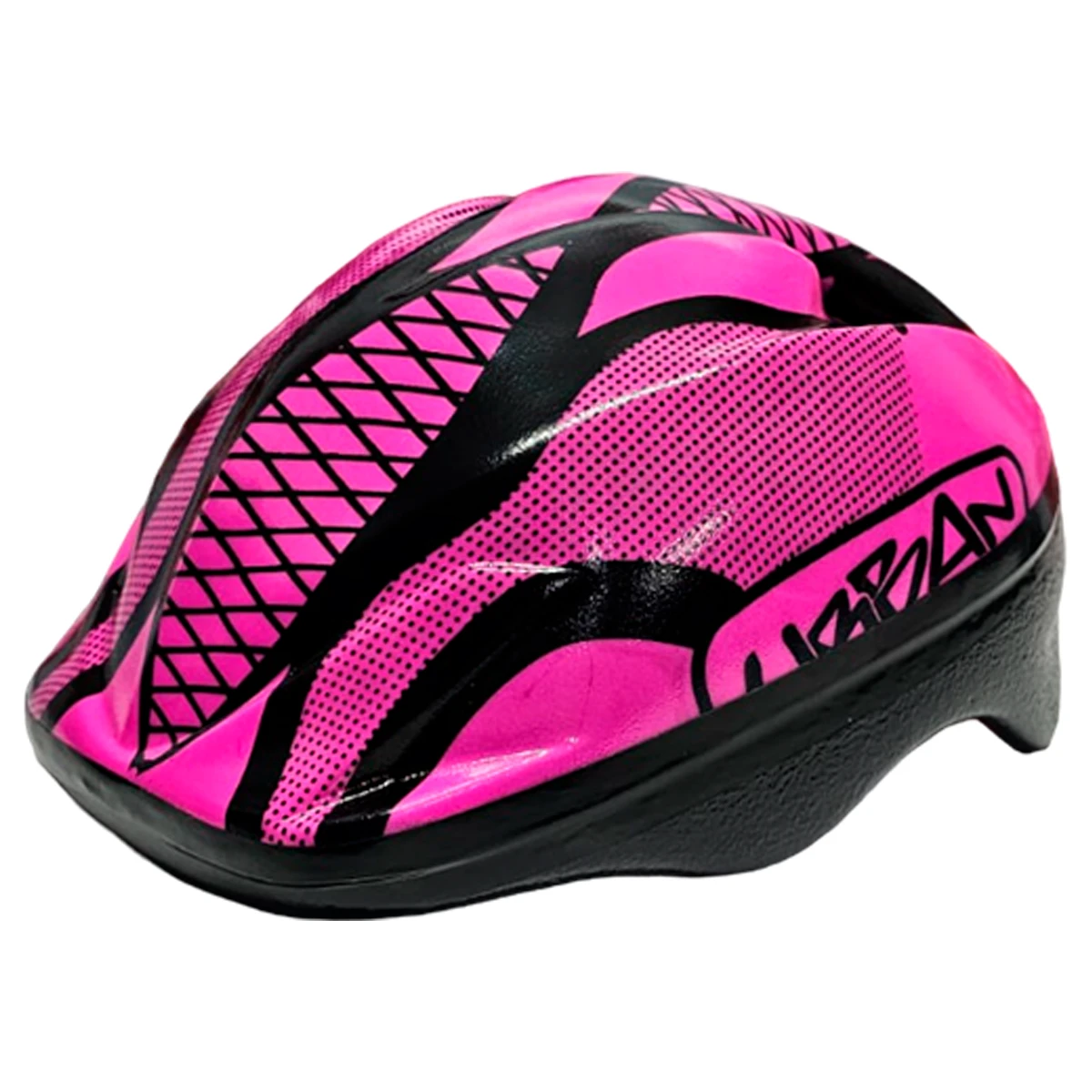 Casco de patinaje infantil rosa brillante con diseño negro de líneas y puntos, marca "URBAN".