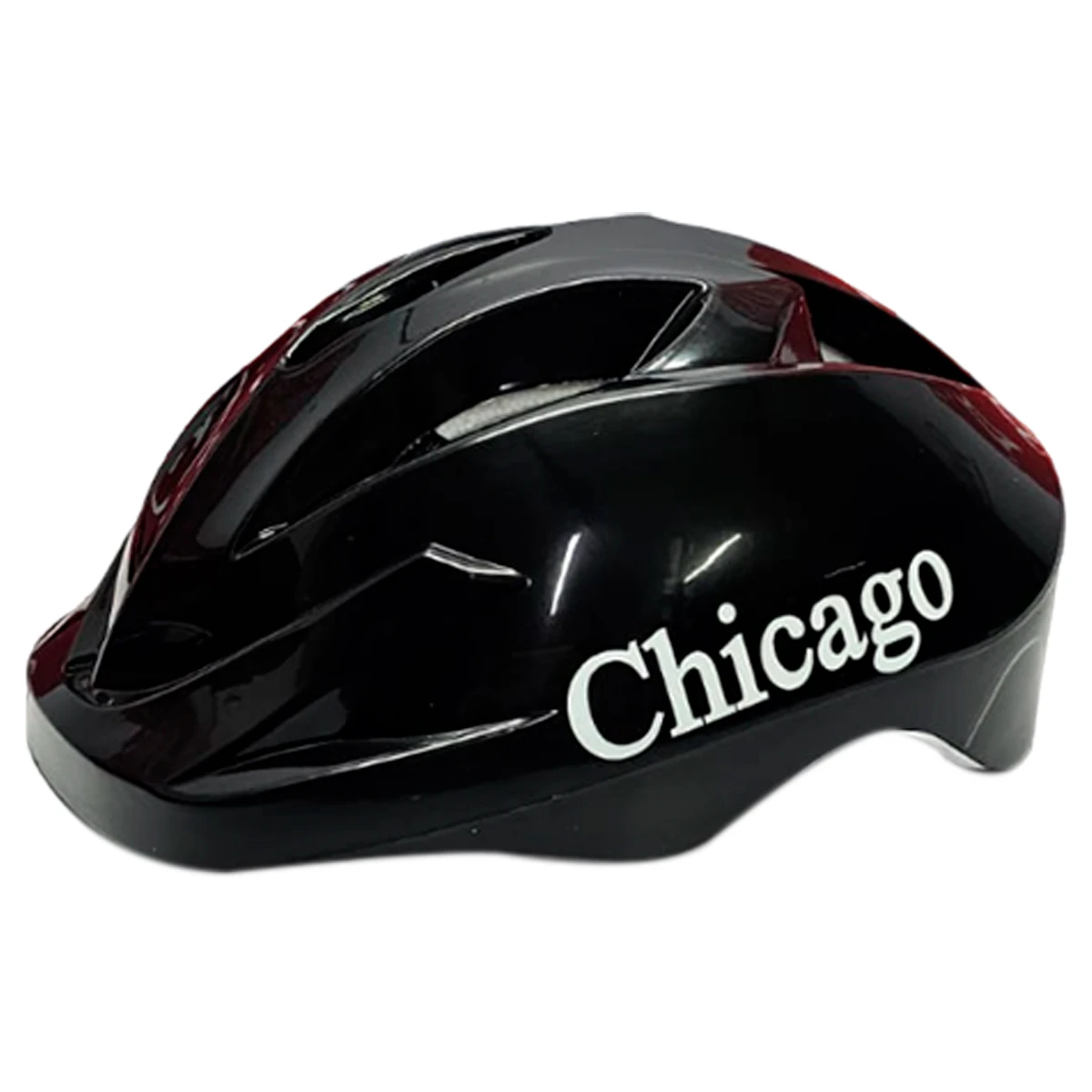 Casco de patinaje negro brillante para niños con logo blanco "Chicago", ajustable y ventilado.