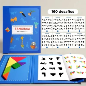 Juego de Tangram en carpeta azul con bolsillo para piezas de madera. Libro abierto con siluetas negras para copiar y ejemplos de figuras. Portada muestra 160 desafíos.