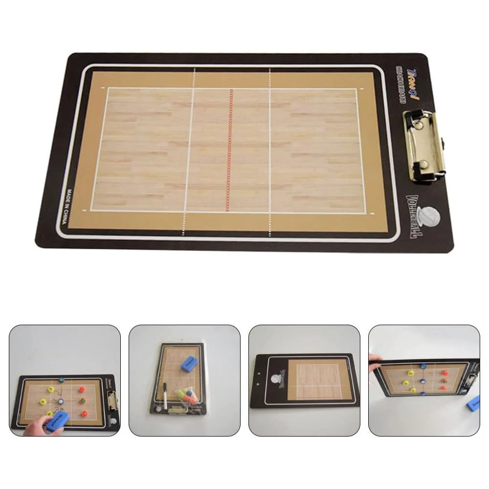 Tablero táctico PVC voleibol profesional con marcadores y borrador, ideal para diseñar jugadas en cancha.