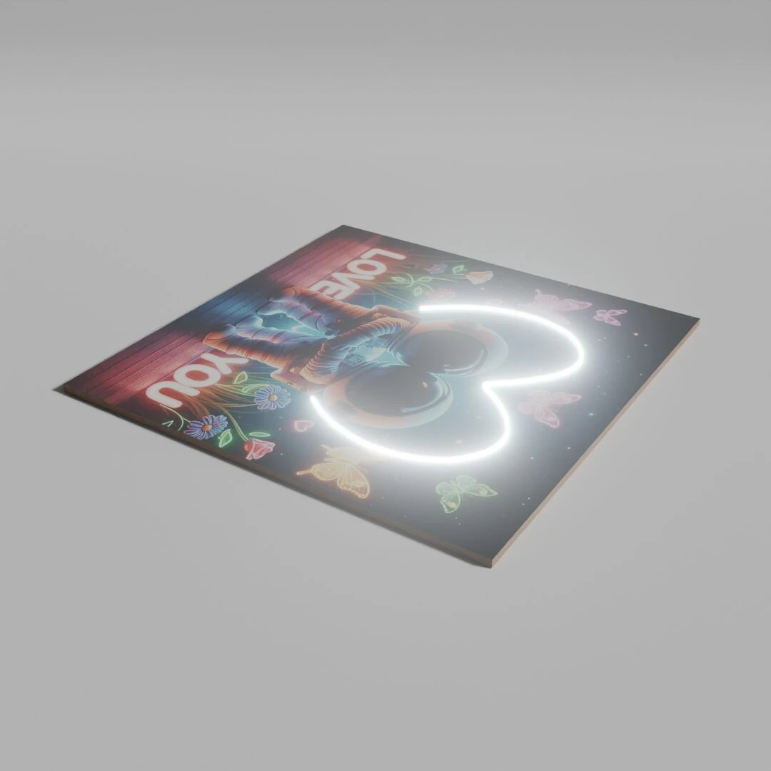 Cuadro con luces LED de pareja astronautas, diseño romántico con corazón brillante y mariposas multicolores, ideal para decorar habitación.