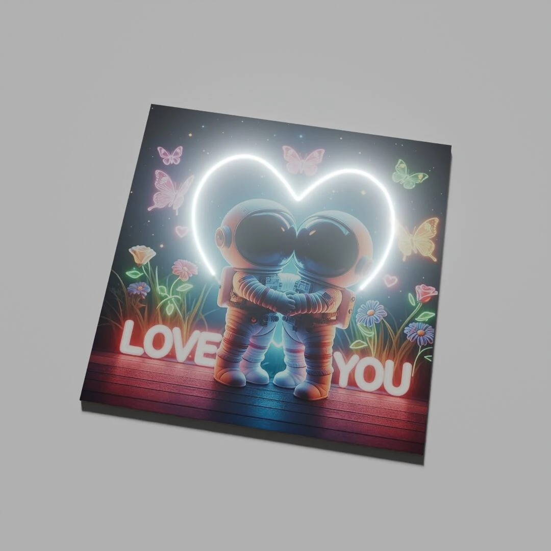 Cuadro con luces LED de pareja astronautas abrazados bajo corazón brillante, rodeado de mariposas y flores, sobre fondo oscuro con texto LOVE YOU en neón.