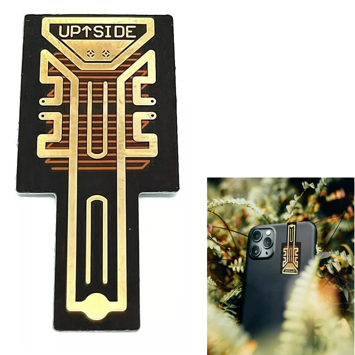 Amplificador de señal móvil con diseño en forma de llave, acabado negro y detalles dorados, mostrando la parte frontal y una vista aplicada en smartphone.