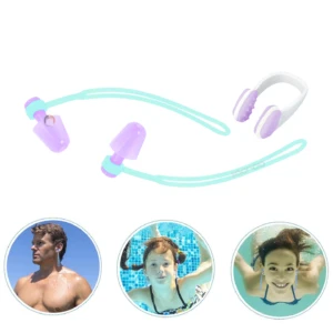 Tapones para oídos y nariz de natación en silicona lila y turquesa. Incluye set para adulto y dos niños bajo el agua.