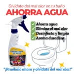 Limpiador de inodoro Ahorra Agua en botella blanca con atomizador azul, elimina mal olor y desinfecta.