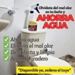 Limpiador de inodoro Ahorra Agua en spray, blanco y azul, sobre inodoro blanco. Promociona ahorro de agua y eliminación de olores.
