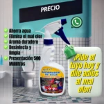 Limpiador de inodoro en spray blanco y azul, presentación 500ml, elimina malos olores y desinfecta.