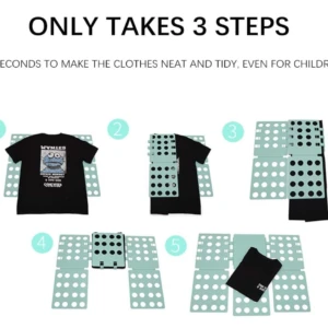 Guía visual en cinco pasos para doblar ropa con tabla plegable, mostrando camiseta negra sobre matriz de puntos circulares.