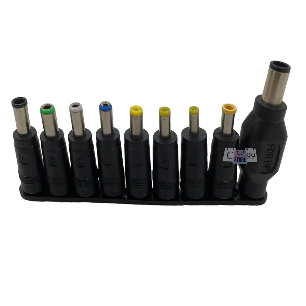 Cargador universal con ocho conectores intercambiables de colores, organizados en soporte negro para carga rápida de portátiles.