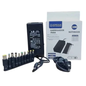 Cargador universal de 120W con ocho conectores intercambiables, cable de alimentación y caja de presentación.
