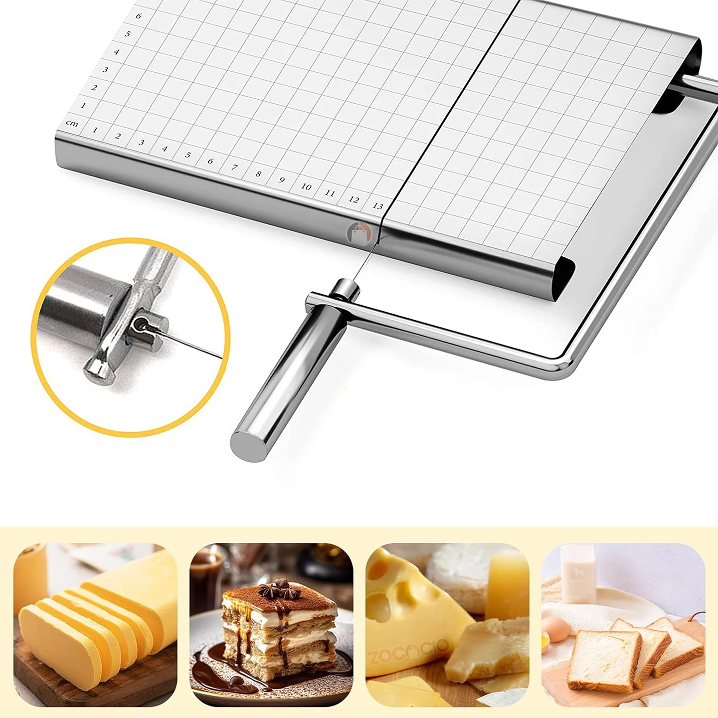 Cortador de queso con base de acero inoxidable, guía de cuadrícula y mango ergonómico. Incluye ampliación del mecanismo de corte.