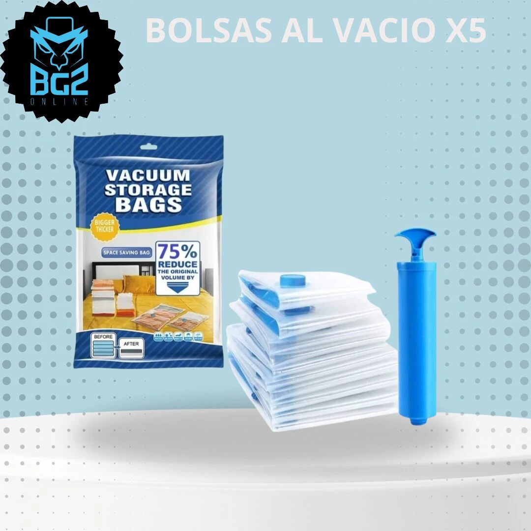 Bolsas al vacío x5, azules y blancas, con bomba manual azul, para reducir volumen de textiles.