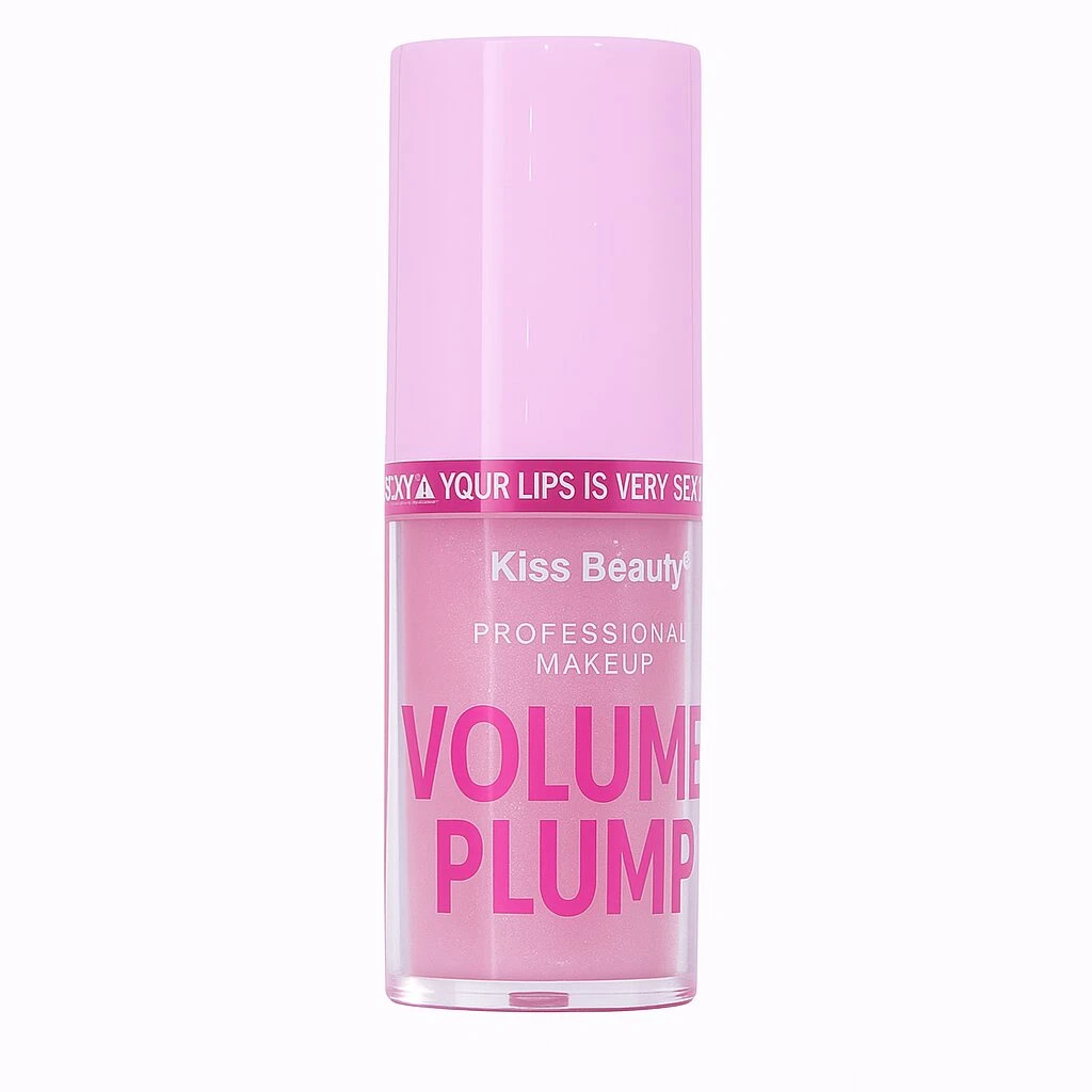 Voluminizador de labios Kiss Beauty rosa, con tapa rosa, texto "Kiss Beauty" y "Volume Plump".