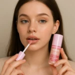 Mujer con labios voluminosos aplica brillo labial rosado con aplicador en envase transparente de Kiss Beauty.
