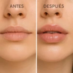 Voluminizador Kiss Beauty: labios antes y después, muestra el efecto de volumen e hidratación instantáneo.