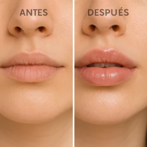 Voluminizador Kiss Beauty: labios antes y después, muestra el efecto de volumen e hidratación instantáneo.